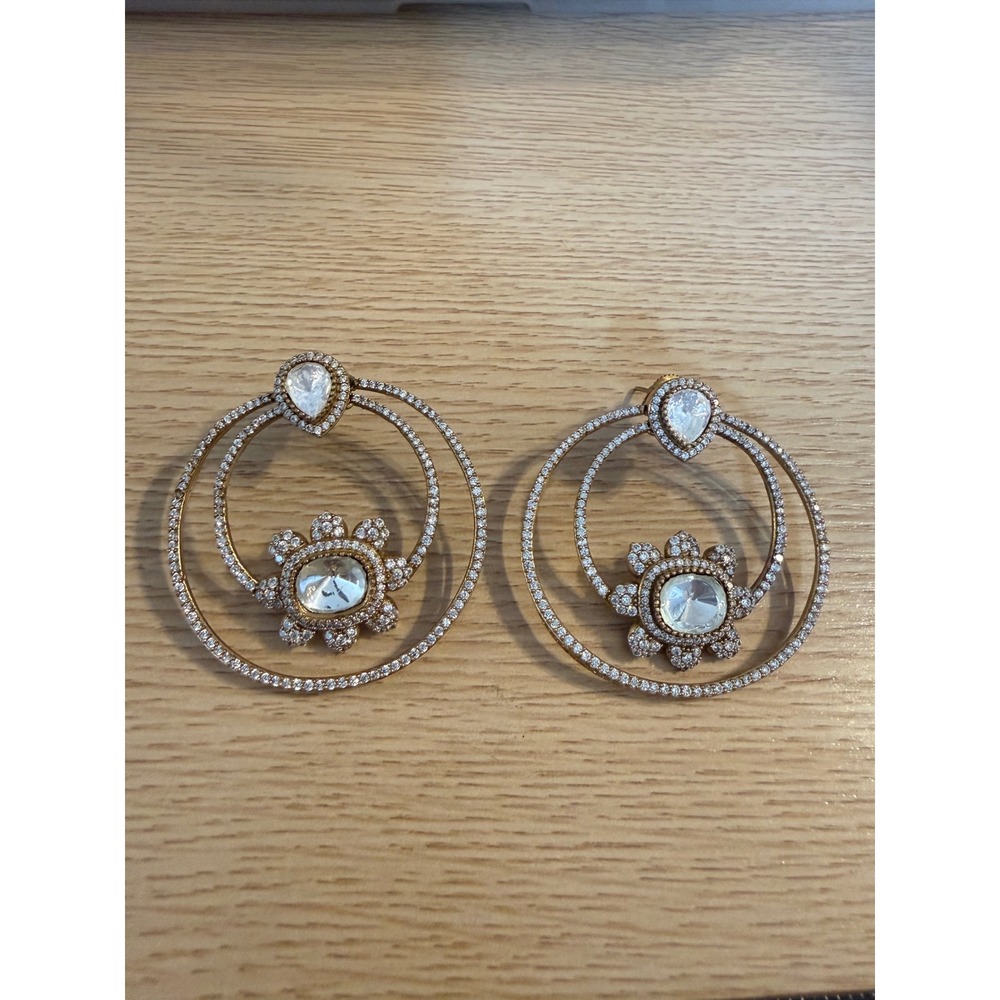 Gold Tone Double Hoop Statement Earrings Pavé Crystal Floral Teardrop Chandelier